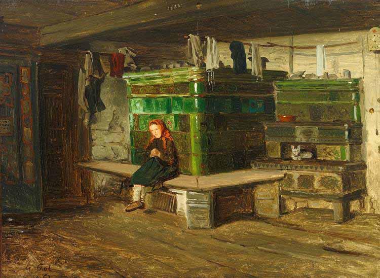 Georg Saal view into a Blackforest living room with small girl on the oven bench